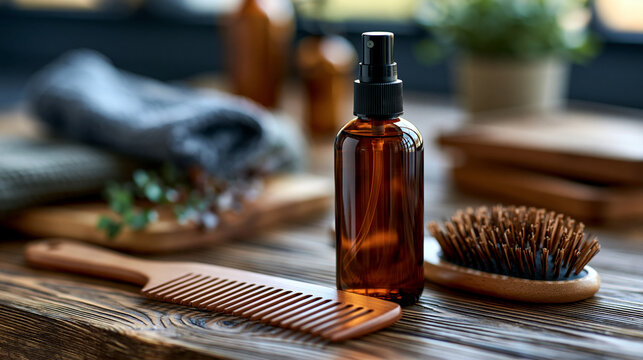 A bottle of detangling spray and a wide tooth comb on a wooden grooming table, detangling spray, wide tooth comb, wooden grooming table, hygiene products, professional setup,