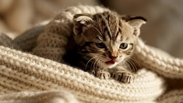 A tiny, fluffy tabby kitten, barely a few weeks old, peeks out from a cozy knitted blanket, its innocent gaze captivating, embodying pure adorableness and the sweet beginnings of life
