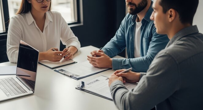 Job interview process with founders and candidate discussing resumes and career opportunities at a startup