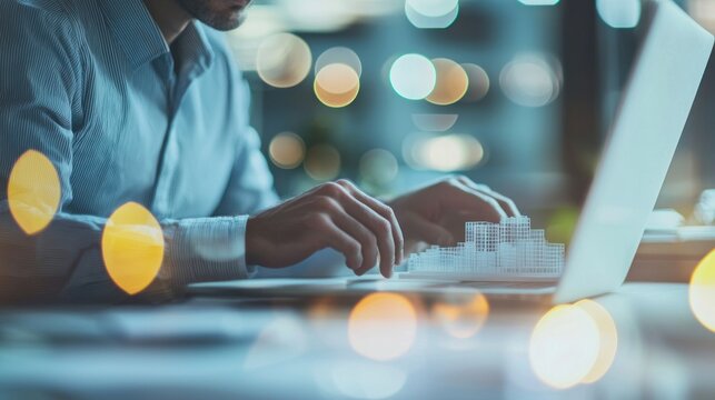 Man typing on laptop with blurred lights