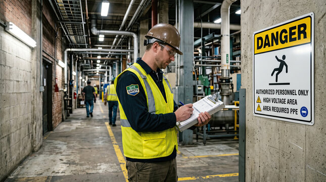 Male safety technician wearing a hard hat and reflective vest checks clipboard while standing near a danger sign in an industrial facility with machinery in the background