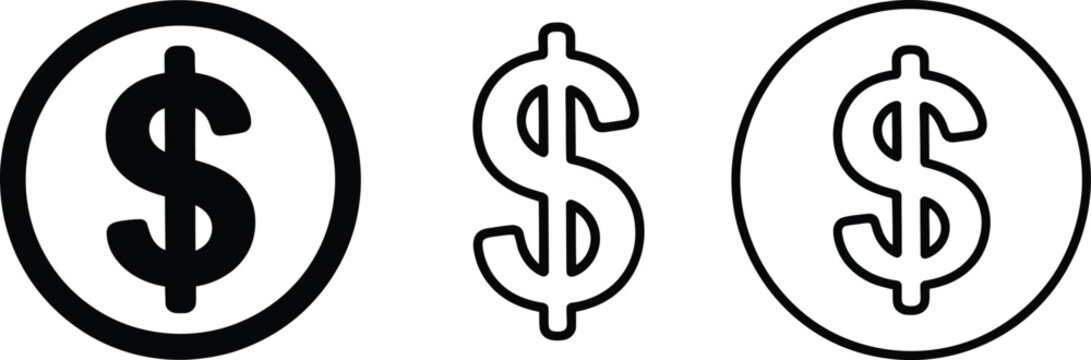 Dollar, Stylized coins, illustration, three coins with dollar signs arranged in a row representing money finance wealth and currency exchange concepts for financial design use.