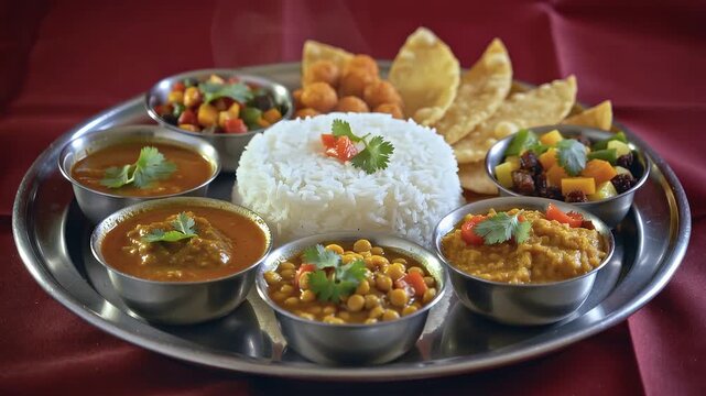 Delicious Indian meal served on a silver platter with rice, bread, vegetables, and lentils at a local restaurant