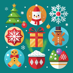 Fototapeta premium Colorful holiday gift icons with festive characters and decorations Vector