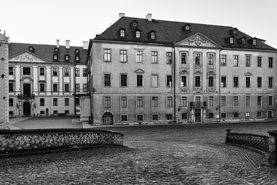 Altenburg / Germany: View over the courtyard to the Corps de Logis of the Residence Castle in the style of historical black and white photographs