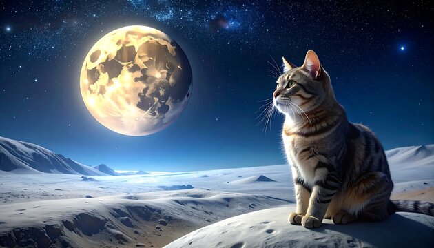 Curious Tabby Cat Sitting on Snowy Alien Landscape Under Glowing Moon