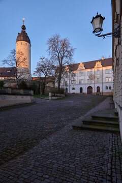 Altenburg / Germany: View over the courtyard of the Residence Castle to the former Office of the Lord Chamberlain and the Hausmann Tower 