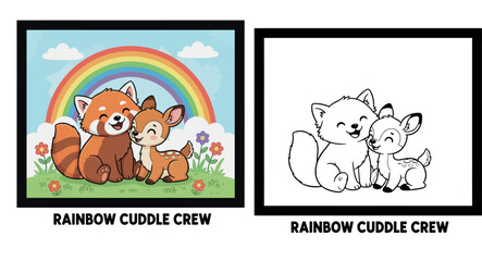 Fototapeta premium Adorable Cartoon Red Panda and Fawn Under a Rainbow - Forest Friends