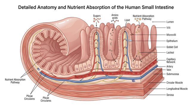 Detailed anatomy of the human small intestine with elongated villi and plicae circulares, labeling enterocytes, capillaries and lacteals that absorb sugars, amino acids and lipids, plus muscular layer