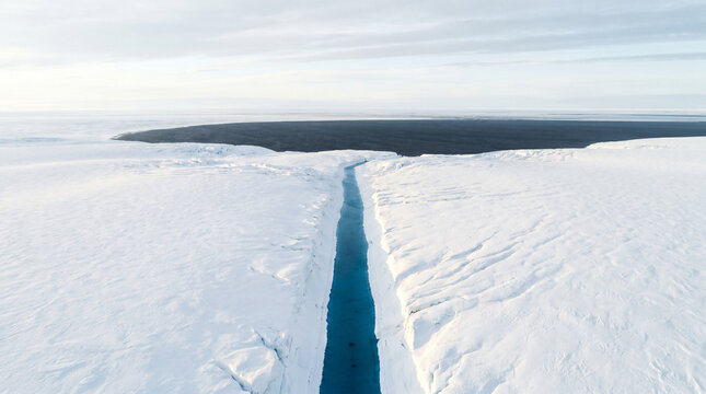 Aerial perspective of polar ice sheet with a perfectly straight meltwater river cutting through white expanse to a dark ocean edge, no veget 3