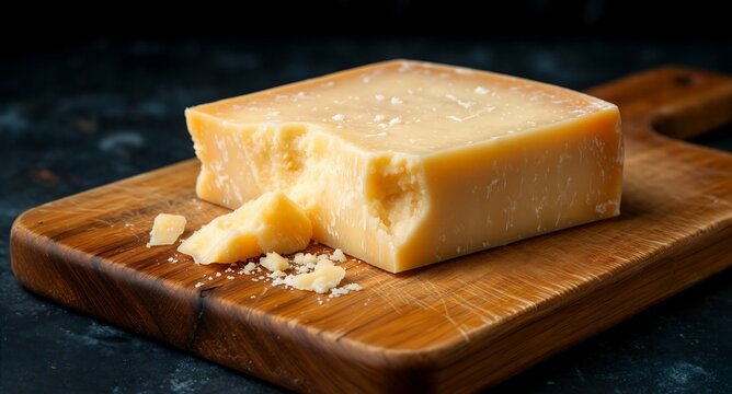 Aged parmesan cheese block on wooden cutting board with dark background