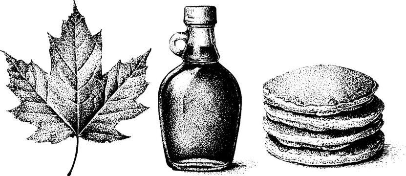 Large maple leaf syrup bottle and pancakes stacked on white background