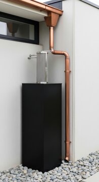 Rainwater harvesting system, copper gutter downspout, water storage tank