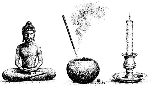 Seated buddha statue with incense and candle holder
