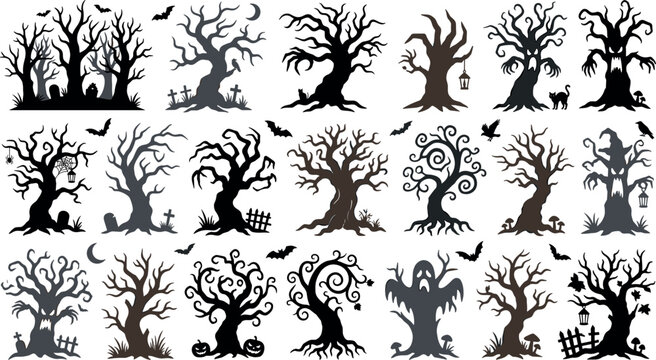 Halloween Tree Silhouette Collection with Spooky Dead Forest Shapes, Creepy Branches, Bats, Ghosts, and Haunted Nature Elements