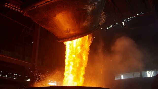 Crucible Releases Glowing Molten Steel Downward. Raging Heat As Glowing Metal Flows Into Casting Basin