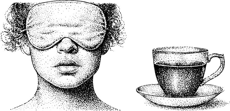 Blindfolded woman wearing sleep mask beside cup on white background