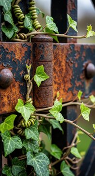 Rusty metal gate, ivy climbing, weathered hinge, green leaves