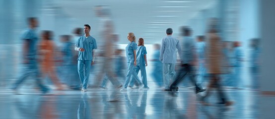Fototapeta premium Busy hospital corridor with healthcare professionals and patients in motion, blurred background emphasizing activity and movement