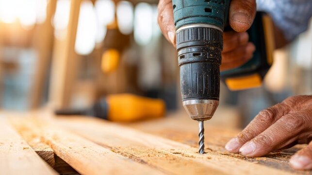 Carpenter using power drill to bore hole in wooden plank. Craftsman working with timber in workshop. Professional carpentry and woodworking project. Construction hobby and manual labor.