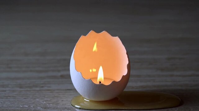 Burning candle inside cracked eggshell on wooden surface, minimalist cozy decor and creative Easter concept with warm glowing light.