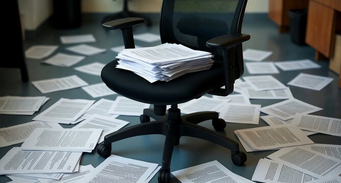 Overwhelming pile of paperwork on office chair with scattered documents on floor
