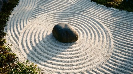 Naklejka premium Zen garden with raked white sand patterns and a large dark rock.