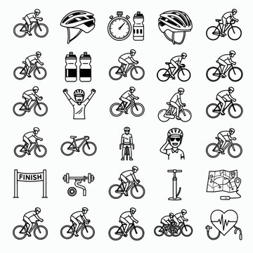 Set of cycling icons and illustrations depicting cyclists, equipment, and racing elements on a white background.