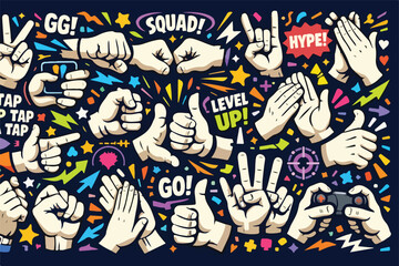 Esports Streaming Reaction Hands and Gaming Community Communication Sticker Style Vector Pack  © Lamia