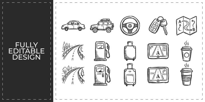 Hand drawn travel and automotive icons including car gasoline map steering wheel and fuel signs flat vector illustration icon bundle set high resolution