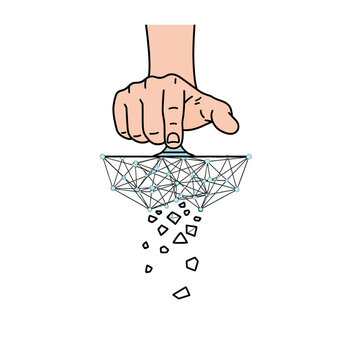 Hand crushing abstract geometric structure into pieces.