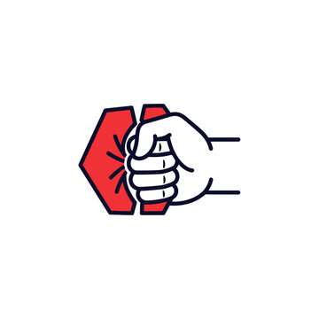 Hand crushing red hexagon symbol with force.