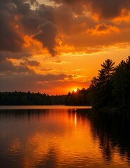 Fototapeta premium Golden sunset over calm lake landscape with orange clouds and forest tree reflection