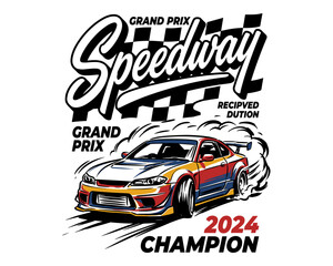 Grand Prix 2024 Champion. Speedway racing poster design. Road speed graphic print. Extreme drifting. Sport car design for t shirt and other uses. © rahel lila