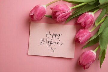 Fototapeta premium Happy Mother’s Day Greeting Card with Pink Tulips on Pastel Background – Floral Holiday Celebration Concept