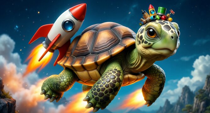 Whimsical flying turtle with rocket propulsion in a fantasy space adventure illustration