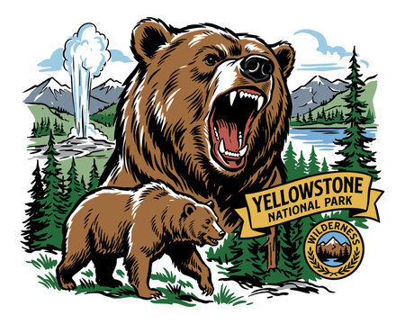 Yellowstone bear vintage artwork for t shirt.. Mountain artwork for apparel and sticker.. Wild grizzly design.. Old faithful geyser.. Keep nature wild