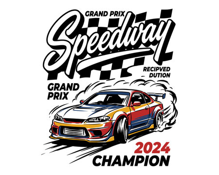 Grand Prix 2024 Champion. Speedway racing poster design. Road speed graphic print. Extreme drifting. Sport car design for t shirt and other uses.
