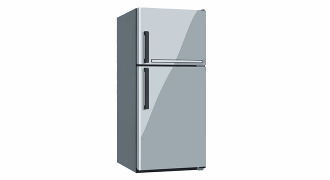 A two-door, light gray refrigerator with dark gray handles stands upright