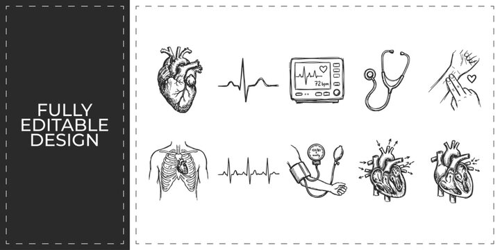 Hand drawn medical and healthcare icons with human heart stethoscope and brain monitor symbols flat vector illustration icon bundle set high resolution