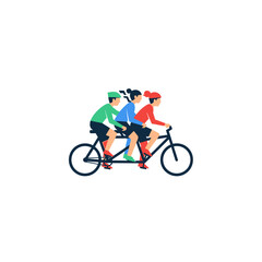 Fototapeta premium Diverse group of three people happily riding a tandem bicycle, symbolizing teamwork and shared journey on an isolated white background.