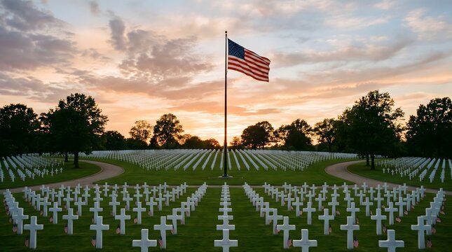 Rows of graves with American flags under a glowing sunset sky, representing remembrance and respect.