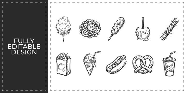 Hand drawn street food and snack icons with popcorn ice cream donut and candy apple symbols flat vector illustration icon bundle set high resolution