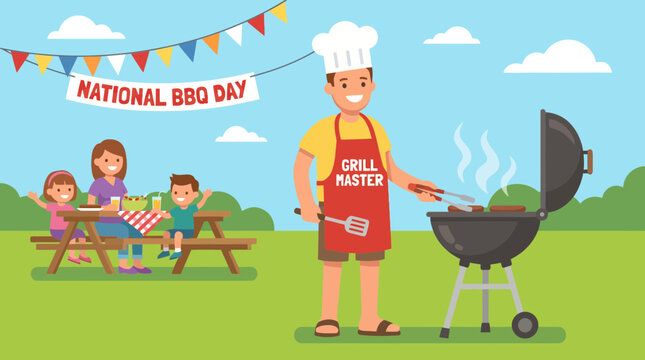 Grill master cooking burgers for family picnic in park illustration