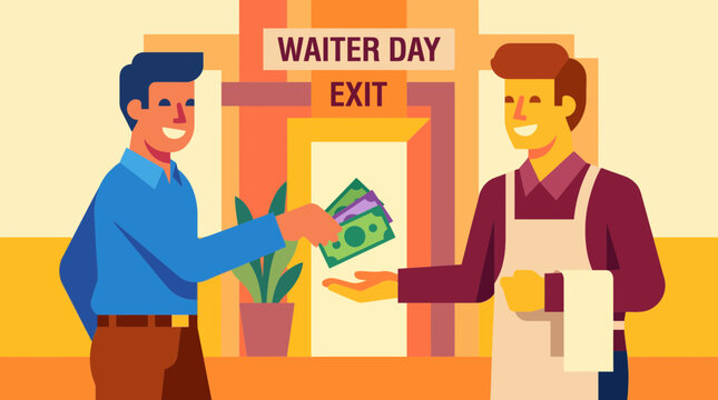 Customer Giving Cash Tip to Happy Waiter Flat Illustration