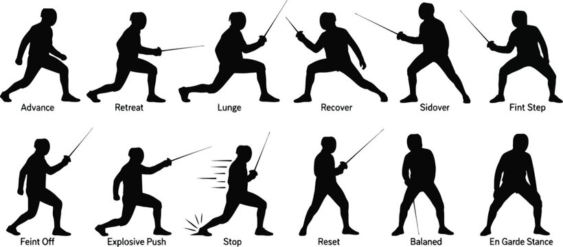 Fencing silhouette techniques a series of 12 black silhouette poses