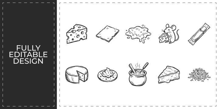 Hand drawn dairy and cheese icons including milk butter cottage cheese and fresh cream products flat vector illustration icon bundle set high resolution