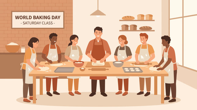 World Baking Day Saturday Class with Diverse People Baking Bread
