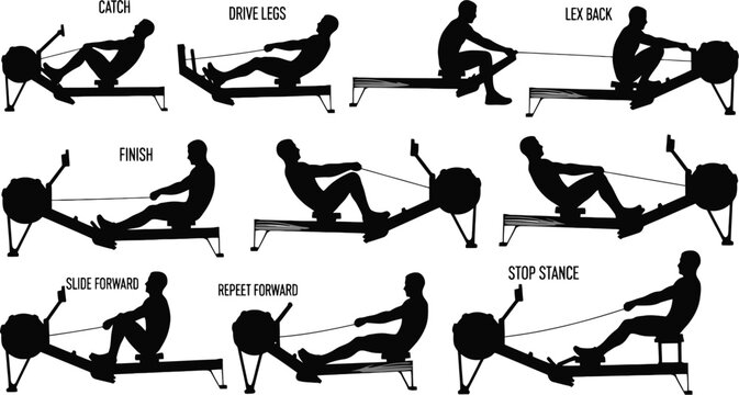 Rowing machine exercise steps silhouette