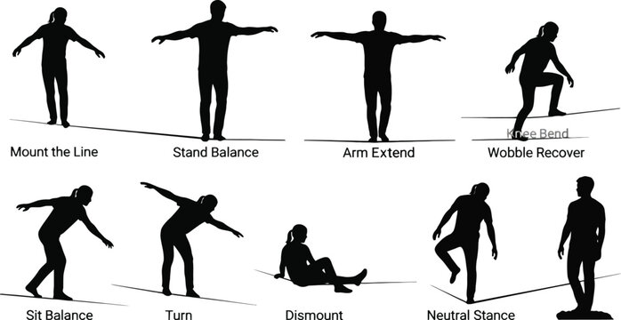 Silhouette of people performing slackline techniques balance and recovery